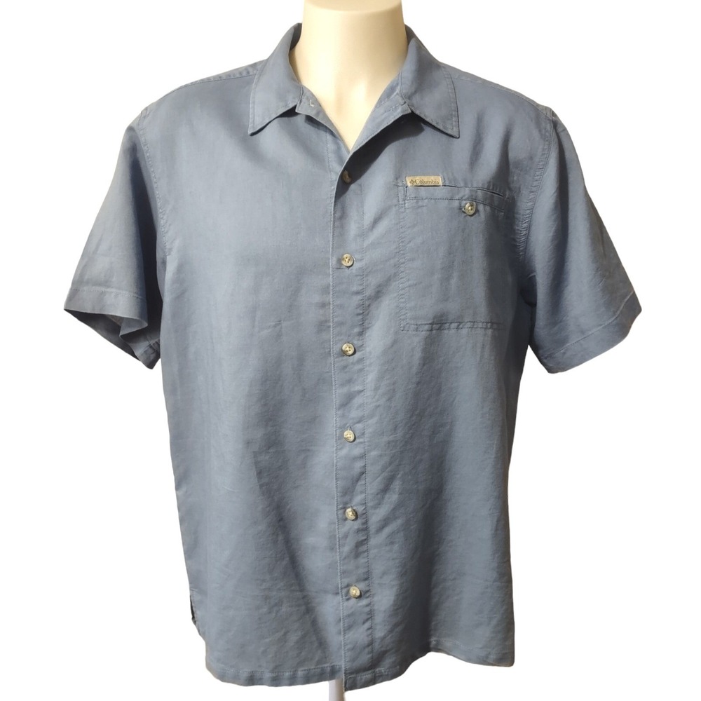 Columbia Shirt Large Mens Cabin Gorp Norm Core Blue Short Sleeve Button Up Logo